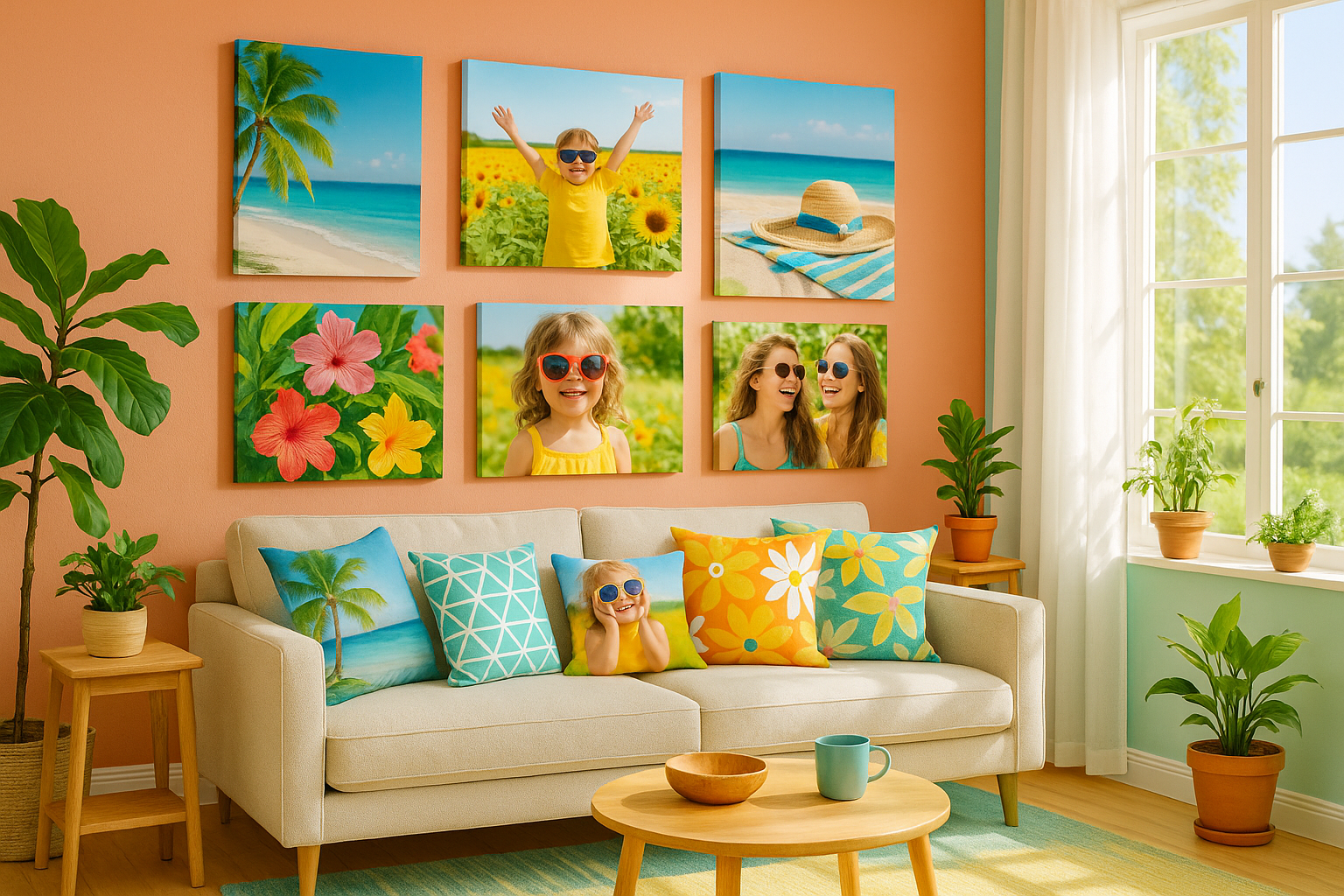 make a bright colourful summer look in image of a living room with photo canvases on the wall and photo cushions on the sofa